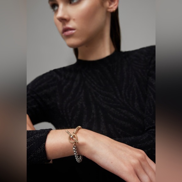 NWT [All Saints] Link Chain Two-Tone Gold & Silver Toggle Closure Bracelet - Picture 1 of 9